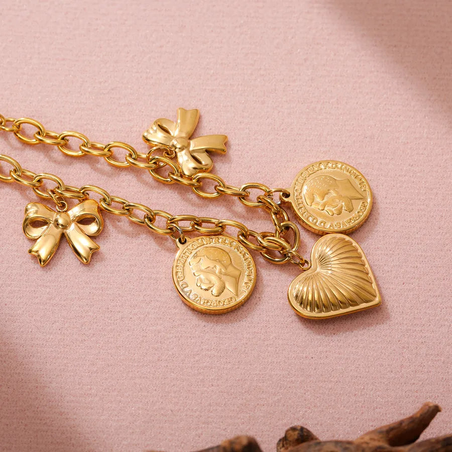 Gold Heart & Bowknot Stainless Steel Bracelet