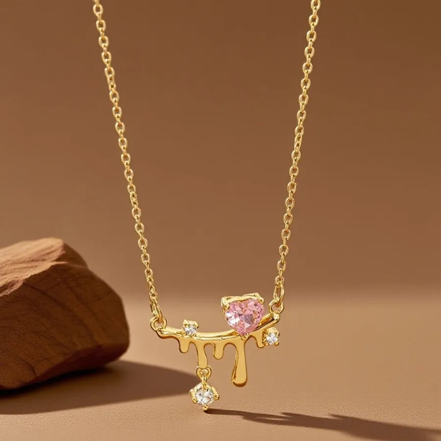 Geometric Titanium Steel Necklace for Women X08267 [Copper Pendant] Pink Diamond Heart Lava - Necklace - Gold