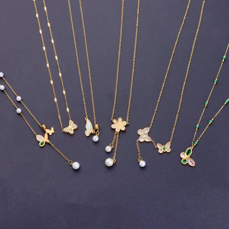 Gold Butterfly & Pearl Charm Pendant Necklace