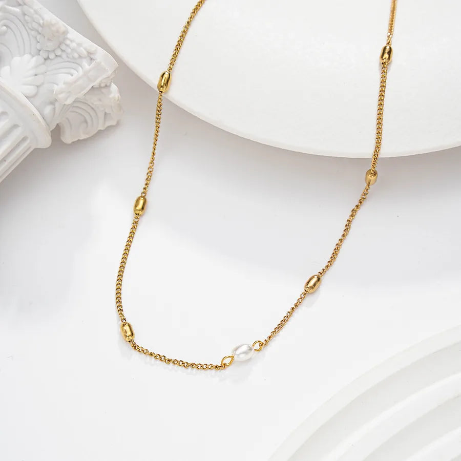 Elegant 18K Gold Plated Pearl Necklace for Women SH 46m Bead Chain Necklace Gold