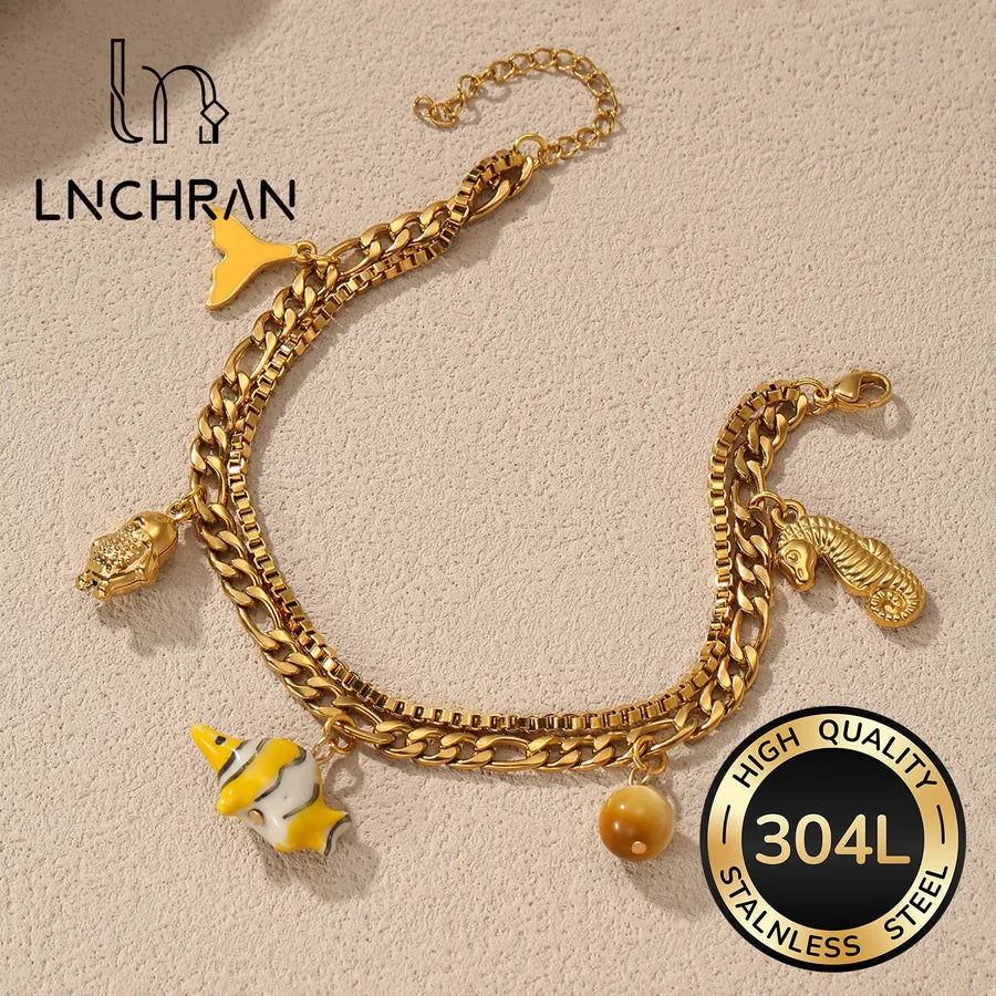 Gold Stainless Steel Bracelet with Fish & Seahorse