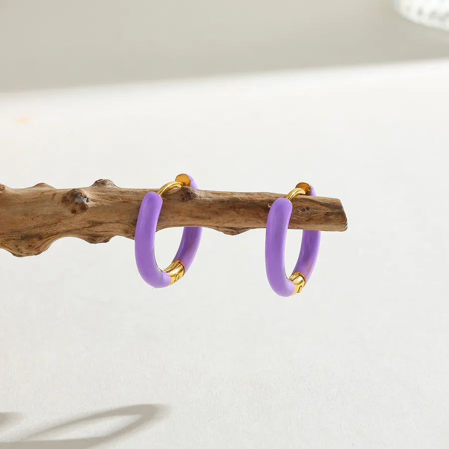 18K Gold Plated Round Stainless Steel Earrings Purple-16.48*17.26*2.86mm