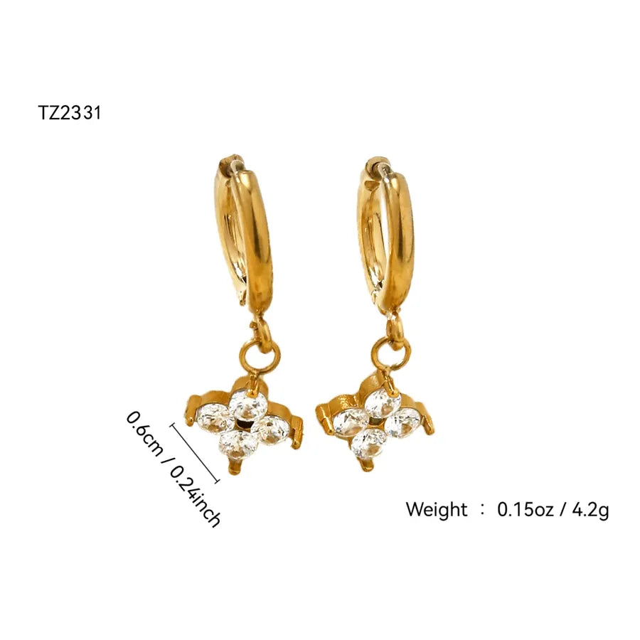 18K Gold Geometric Flower Zircon Stud Earrings Four-leaf Flower Pendant Earrings