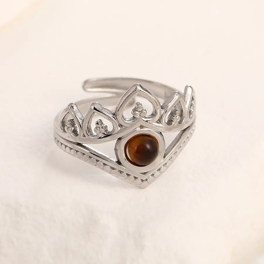 Adjustable Gold Crown Ring in Stainless Steel Adjustable Opening Steel color love Brown stone