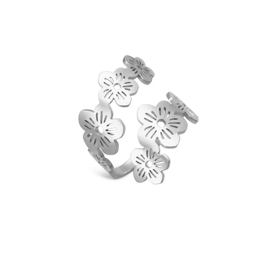 Gold Five-Petal Flower & Insect Open Ring Steel Color Five Petal Flower Open Ring