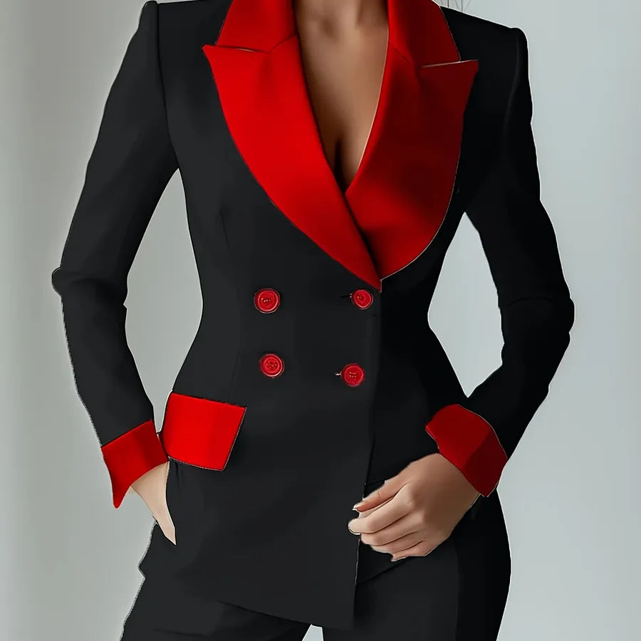 Women's Patchwork Double-Breasted Blazer Black + red