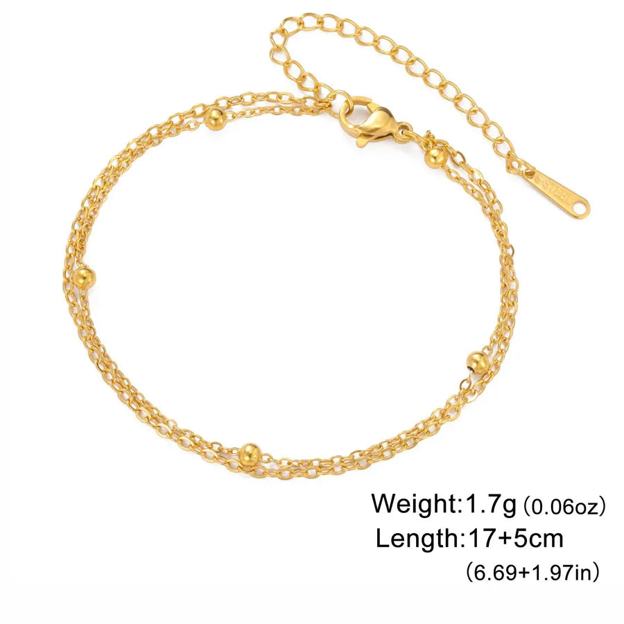 Gold Stainless Steel Cuban Link Bracelet Gold Bead Chain Double Layer Chain