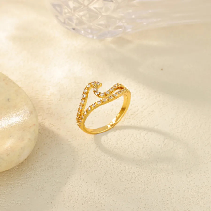 Gold Stainless Steel Wave Ring with Pearl & Zircon