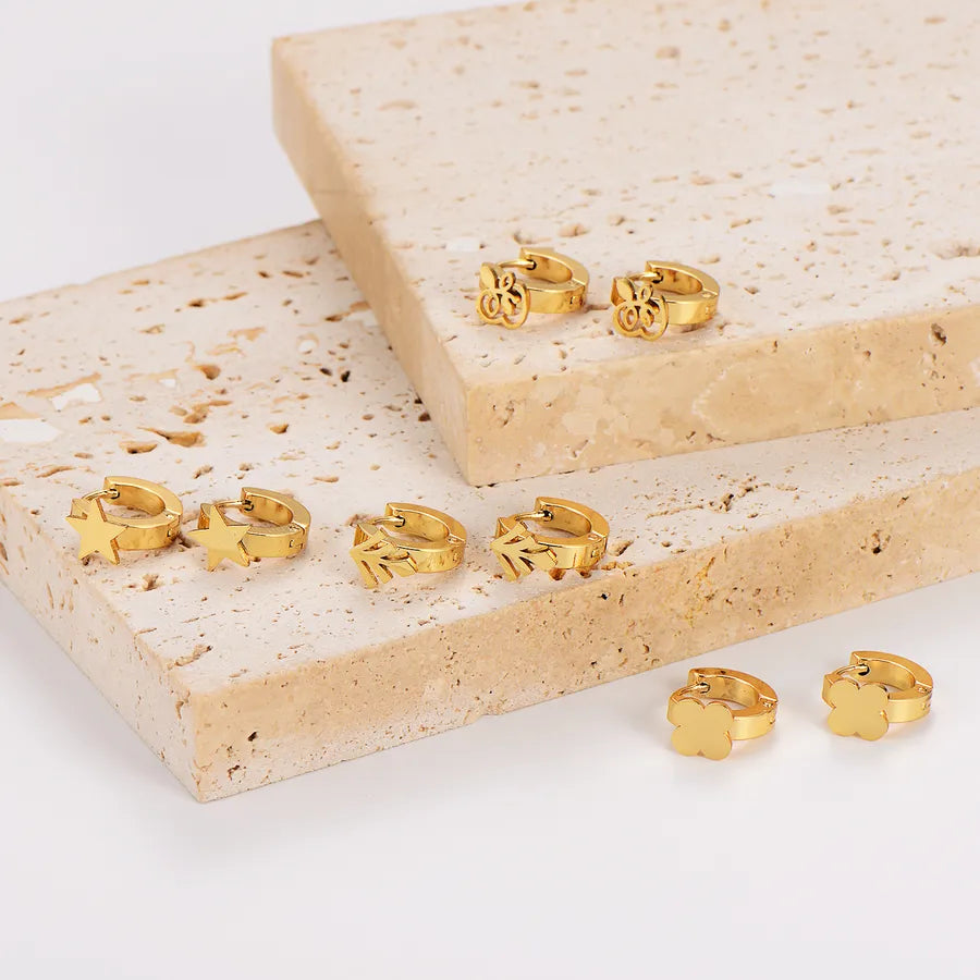 Gold Stainless Steel Star & Leaf Earrings Set