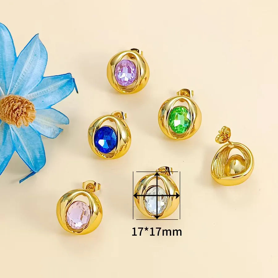 Colorful Rhinestone O-Shaped Stainless Steel Earrings