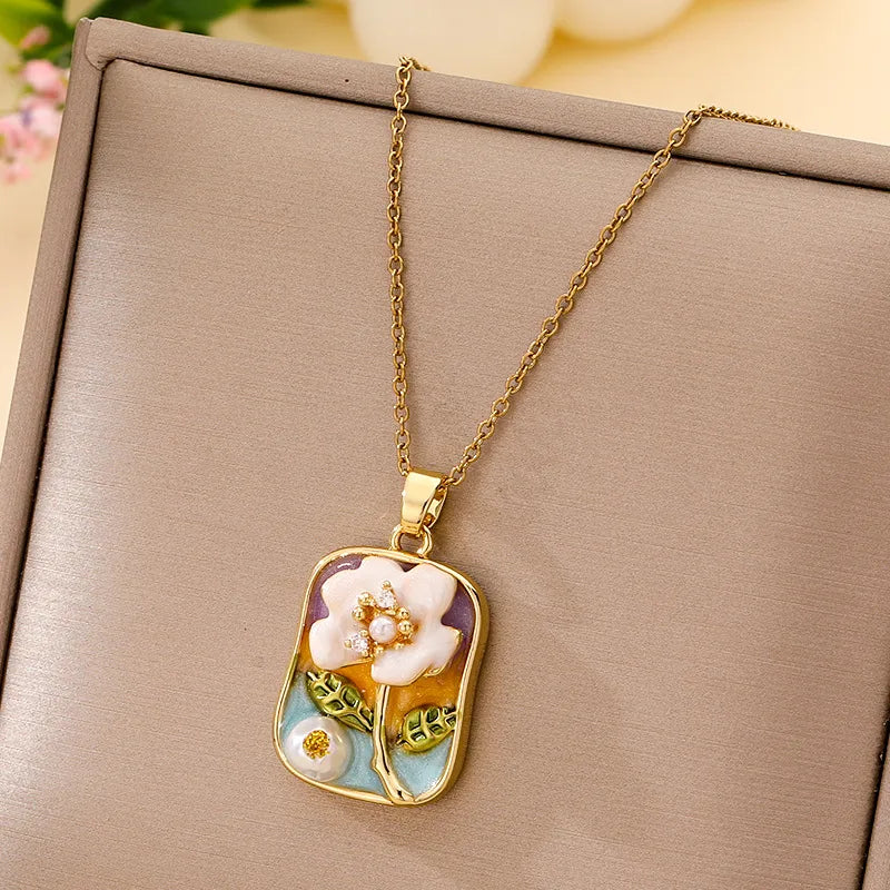 Boho Floral Pendant Necklace – Titanium Steel B021- Gold