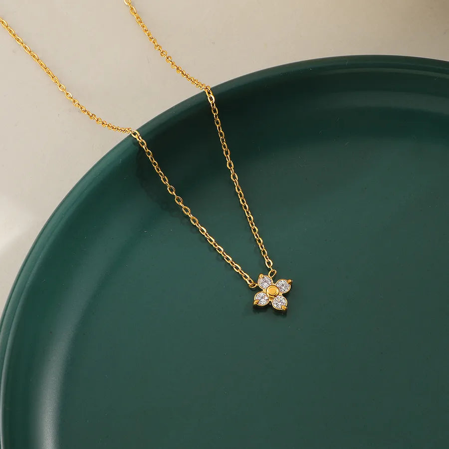 Gold Zircon Flower Pendant Necklace – 18K Plated Golden-18K