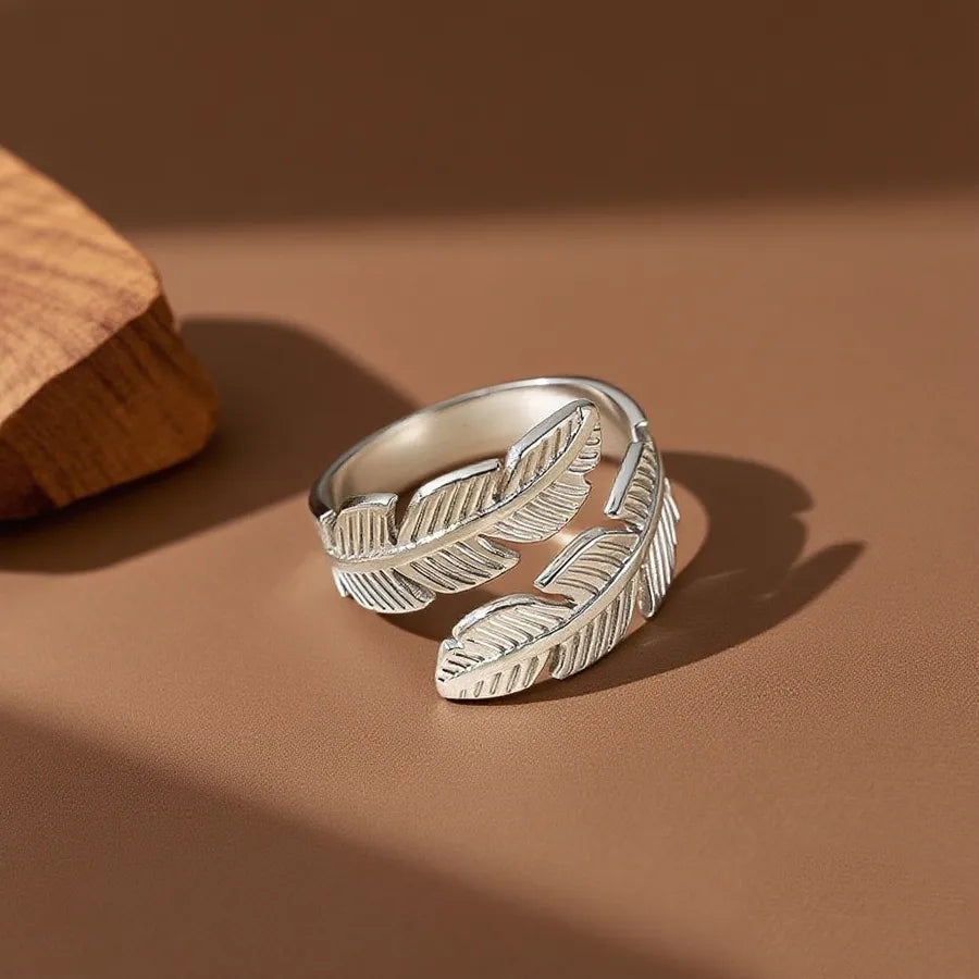 Adjustable Titanium Feather Ring for Women