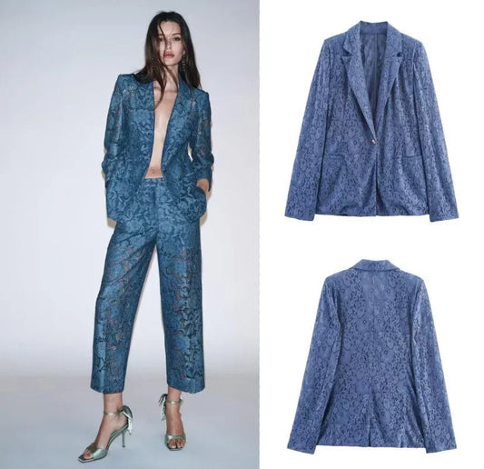 Women's Elegant Lace Blazer & Pants Set