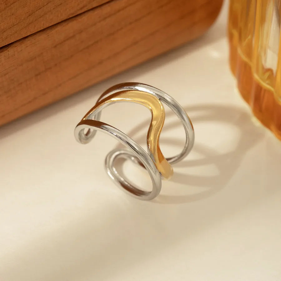14K Gold Bow Knot Shell Open Ring Adjustable Opening Gold and Silver Two-tone Three-layer Line Open Adjustable Ring