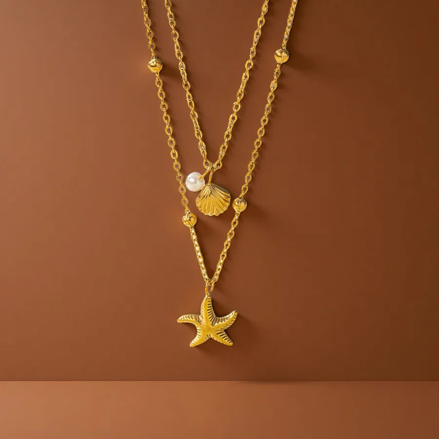 Double Layer Titanium Steel Heart Necklace X01057-Double Layer Starfish Shell Necklace- Gold