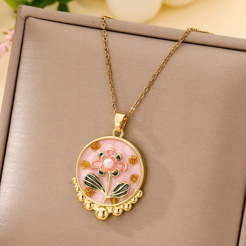 Boho Floral Pendant Necklace – Titanium Steel B001-Gold