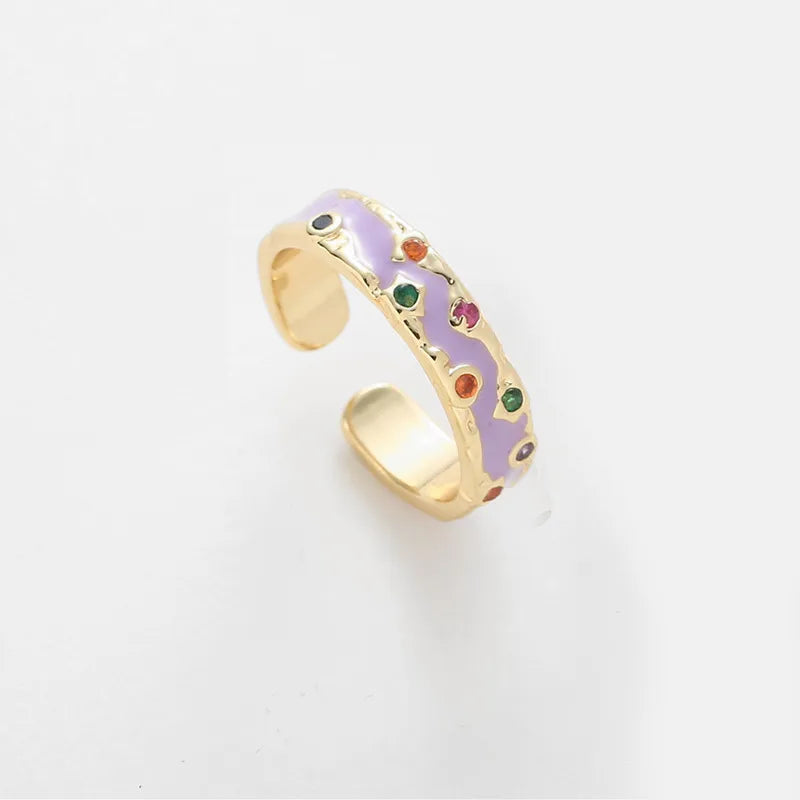 Colorful Enamel Open Ring for Women Multicolor Oil Drop Inlaid Diamond Ring Purple Sold Individually
