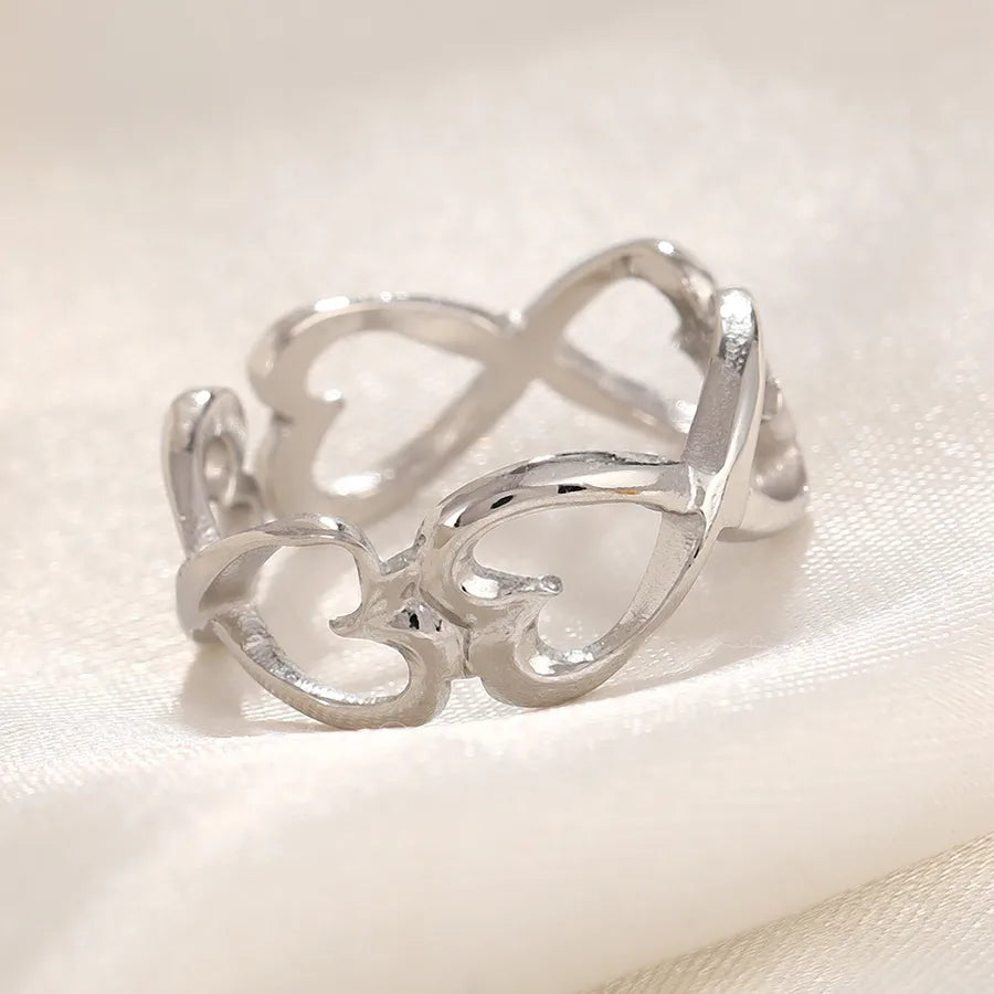 Gold Plated Zircon Heart Ring – Adjustable Open Band Adjustable Opening Steel Color Hollowed Heart Shape