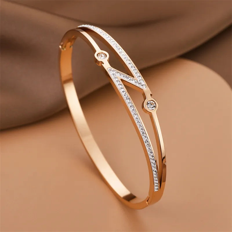 Gold Lightning Zircon Open Bangle Bracelet Rose Gold