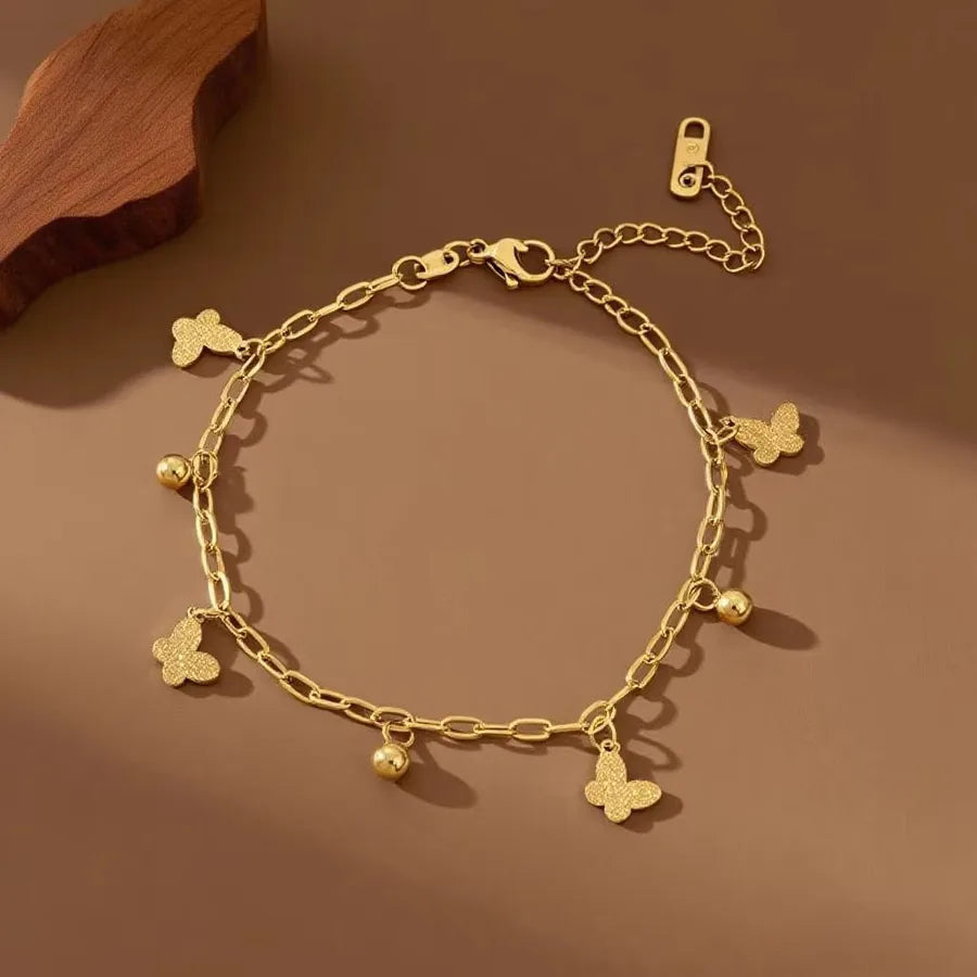 Elegant 18K Gold Plated Titanium Steel Bracelet S02241-Gold Bead Matte Butterfly-Bracelet- Gold