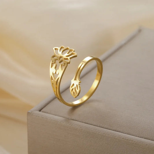 Gold Lotus Open Ring in Titanium Steel