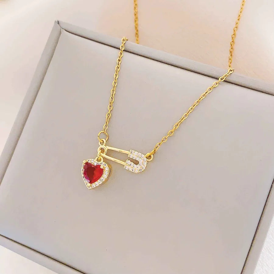 Titanium Steel Heart Pin Pendant Necklace XL380 Red Heart Pin Necklace