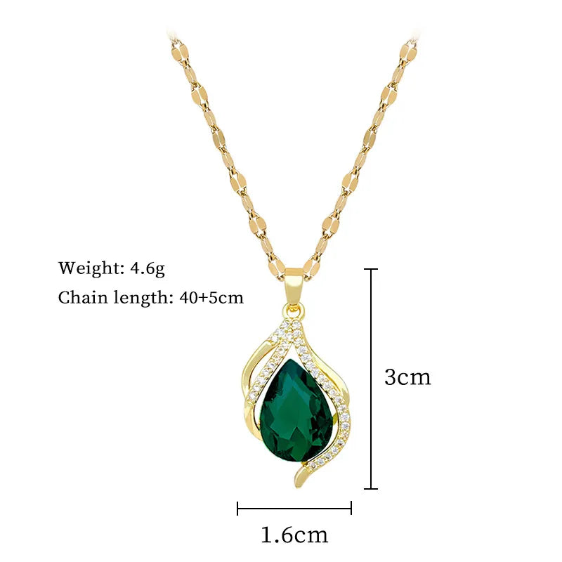 Elegant Green Teardrop Zircon Pendant Necklace