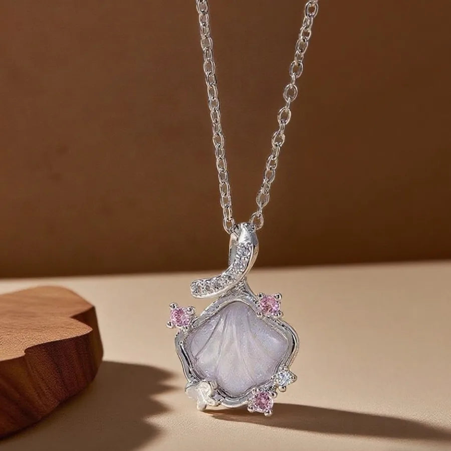 Geometric Titanium Steel Necklace for Women X08011 [Copper Pendant] Inlaid Diamond White Shell Necklace - Silver