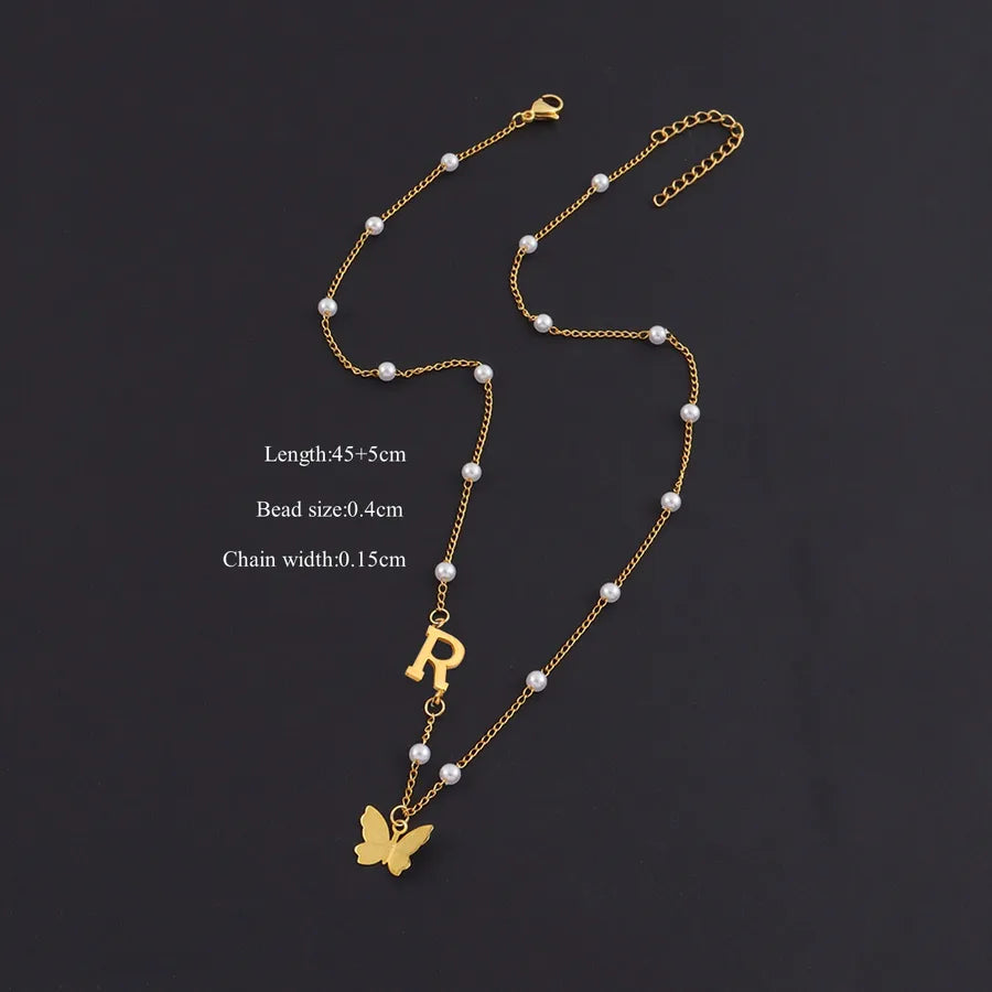 Gold Butterfly Letter Pendant Necklace Gold R