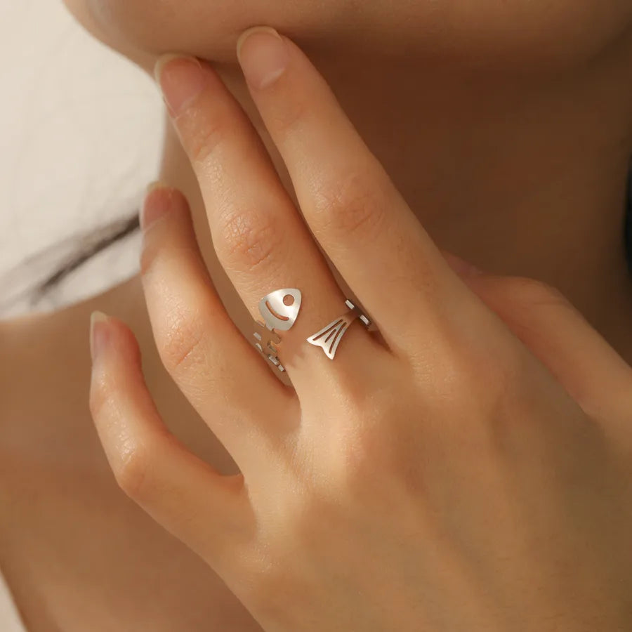 Gold Fishbone Adjustable Stainless Steel Ring