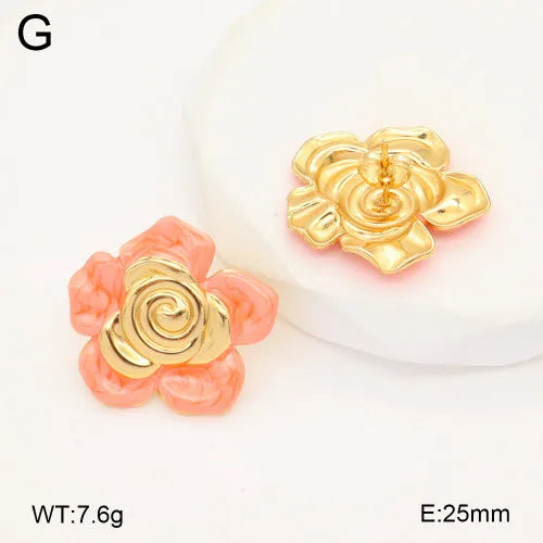Gold Floral Resin Stainless Steel Stud Earrings 25mm Pink Gold 1 Pair Package