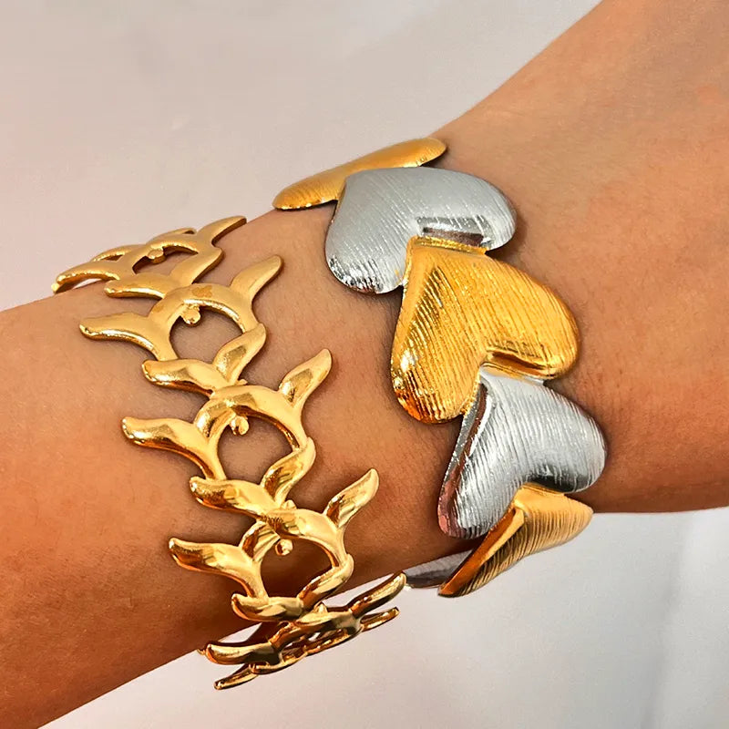 Gold Wave Leaf Heart Stainless Steel Bracelet