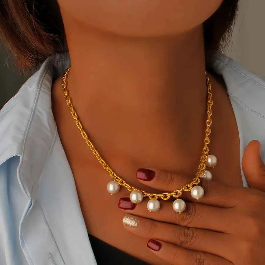 Gold Geometric Tassel Pearl Pendant Necklace