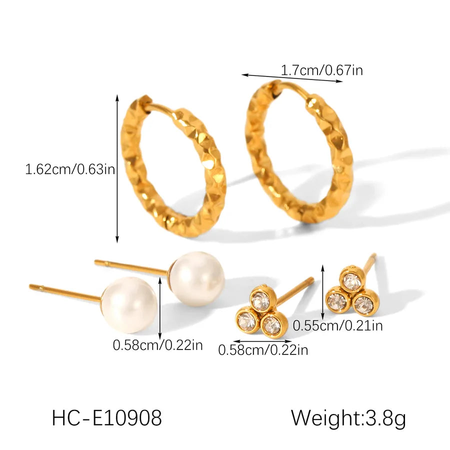 Gold Geometric Pearl & Zircon Stud Earring Set HC-E10908