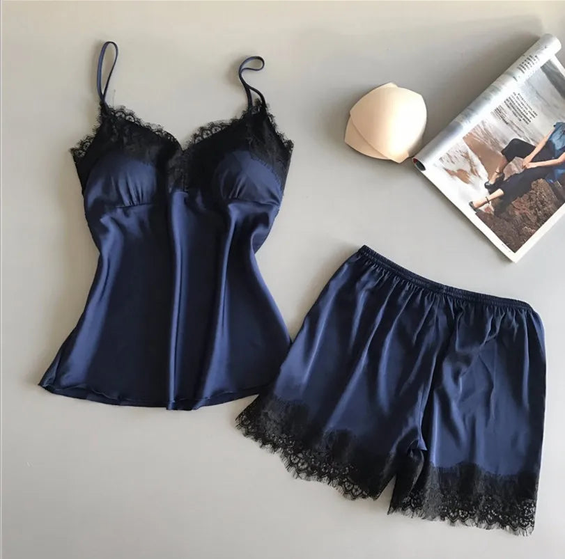 Women's Sexy Ice Silk Lace Pajama Set Blue