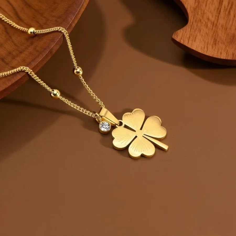 Titanium Steel Heart Pendant Necklace X06132-Four-leaf Flower Single Diamond Necklace - Gold