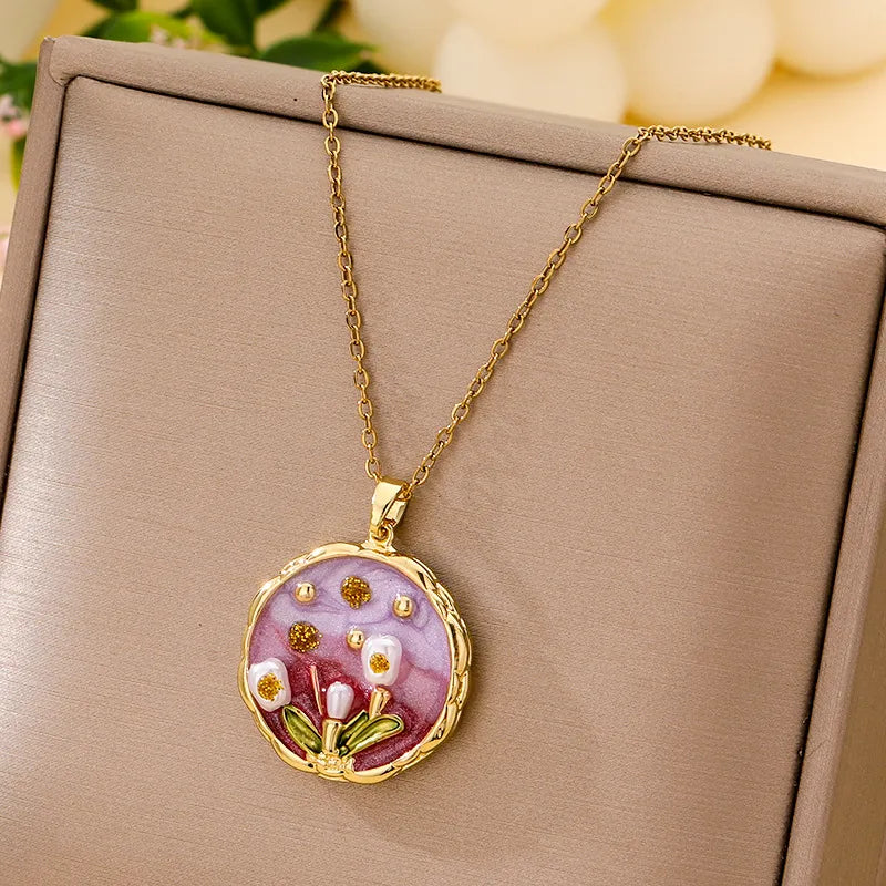 Boho Floral Pendant Necklace – Titanium Steel B018- Gold