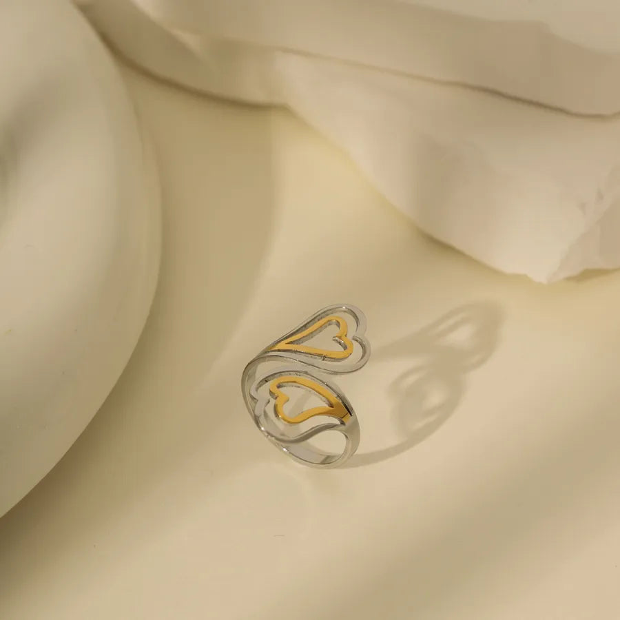 14K Gold Bow Knot Shell Open Ring Adjustable Opening Gold and Silver Double Color Matching Heart-shaped Hollow Open Adjustable Ring