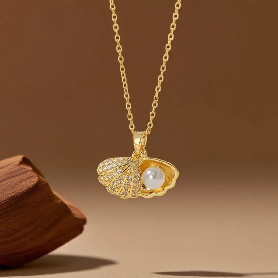 Geometric Titanium Steel Necklace for Women X08119 [Copper Pendant] Pearl Shell Necklace - Gold