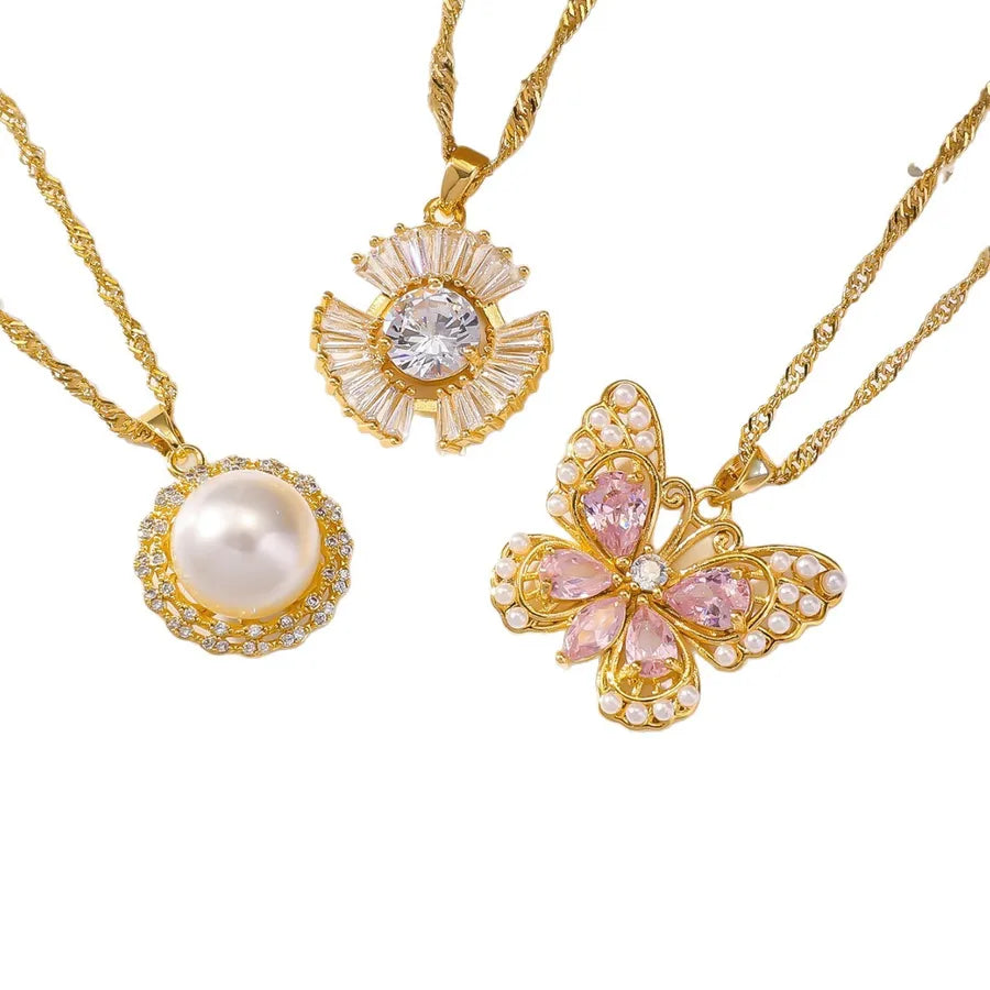 Gold Heart Pendant Necklace with Pearl & Butterfly