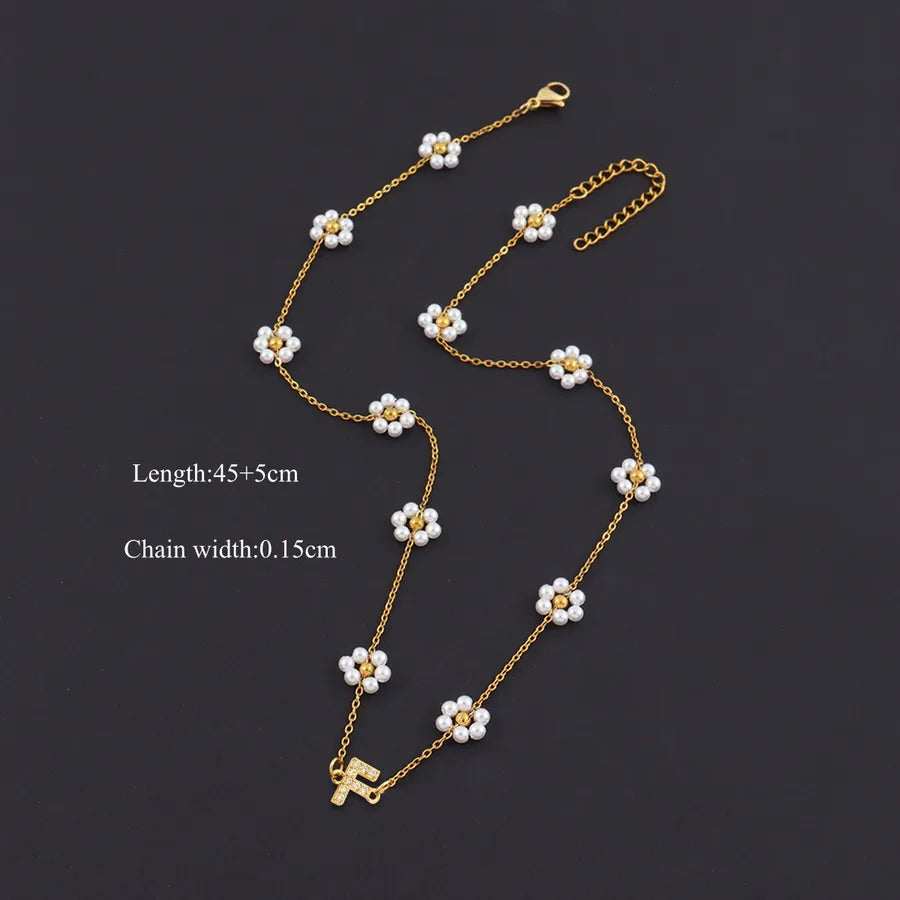 18K Gold Plated Letter Pendant Pearl Necklace Gold F