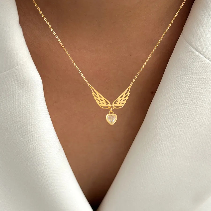 Gold Angel Wings Heart Pendant Necklace
