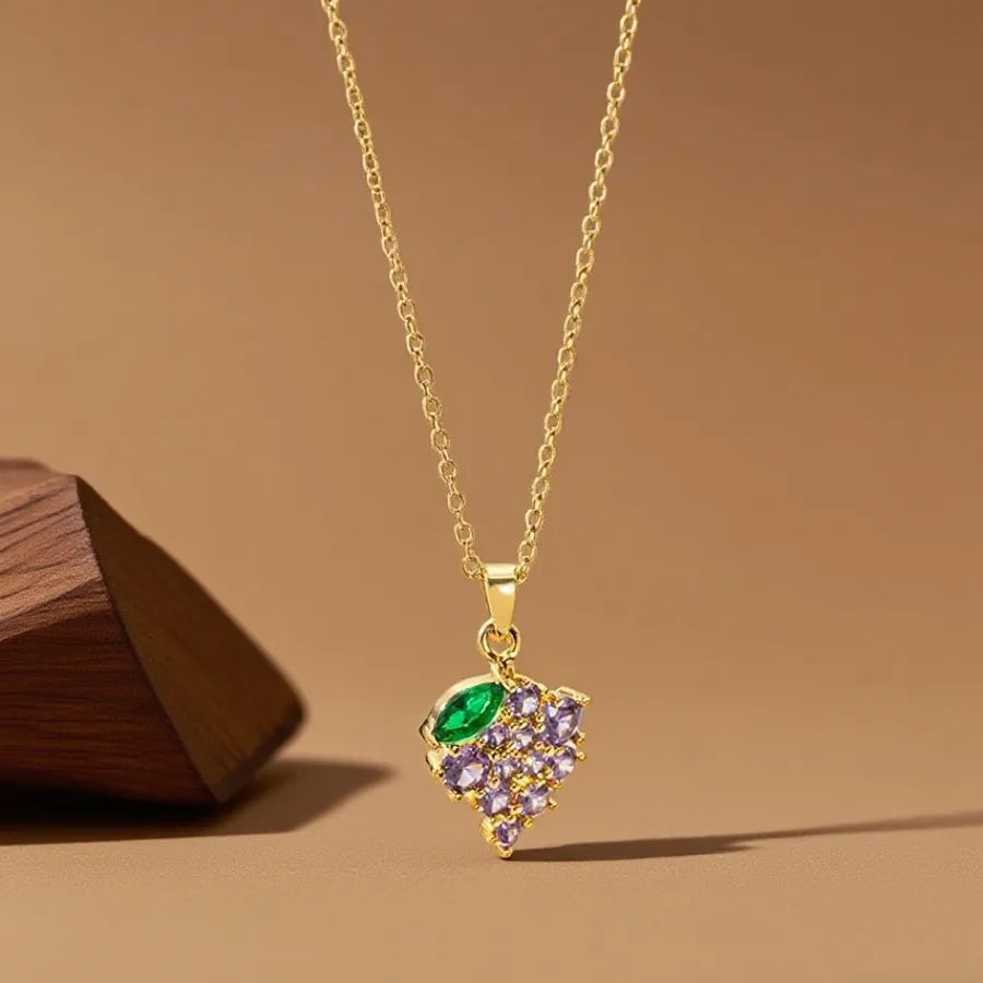 Geometric Titanium Steel Necklace for Women X08284 [Copper Pendant] Purple Grape - Necklace - Gold