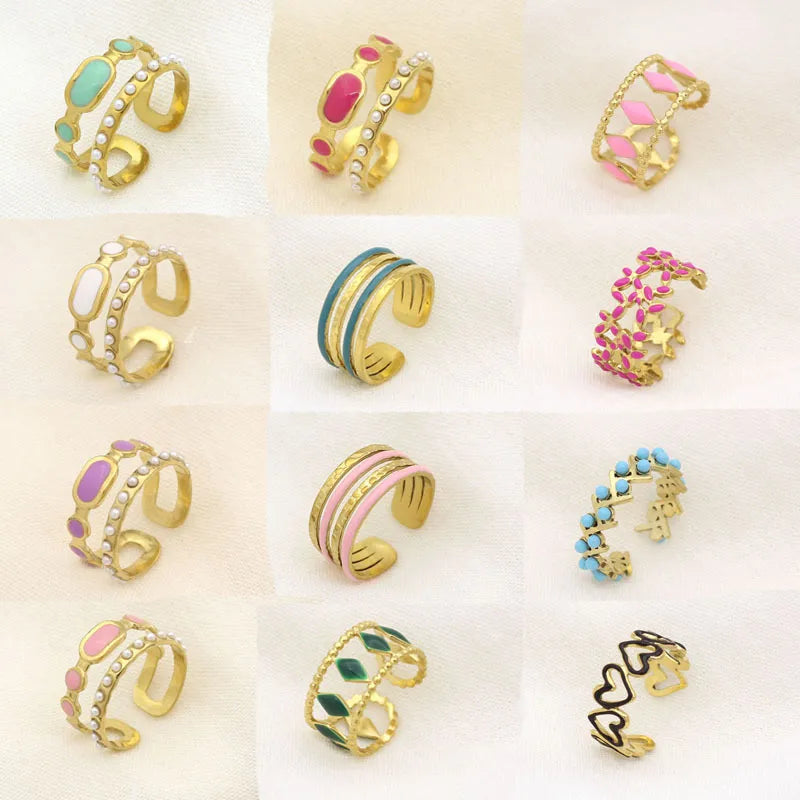 Leaf Enamel Stainless Steel Open Ring for Women