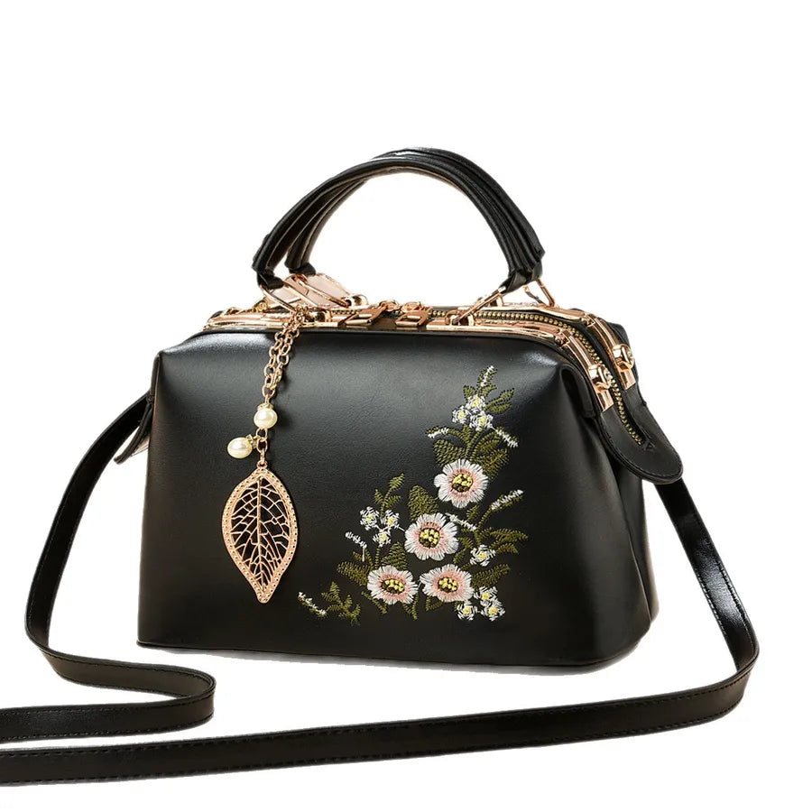 Floral Embroidered Retro PU Leather Shoulder Bag