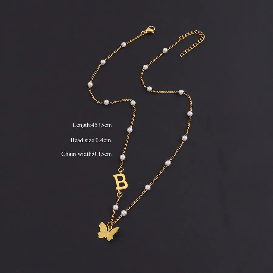 Gold Butterfly Letter Pendant Necklace Gold B