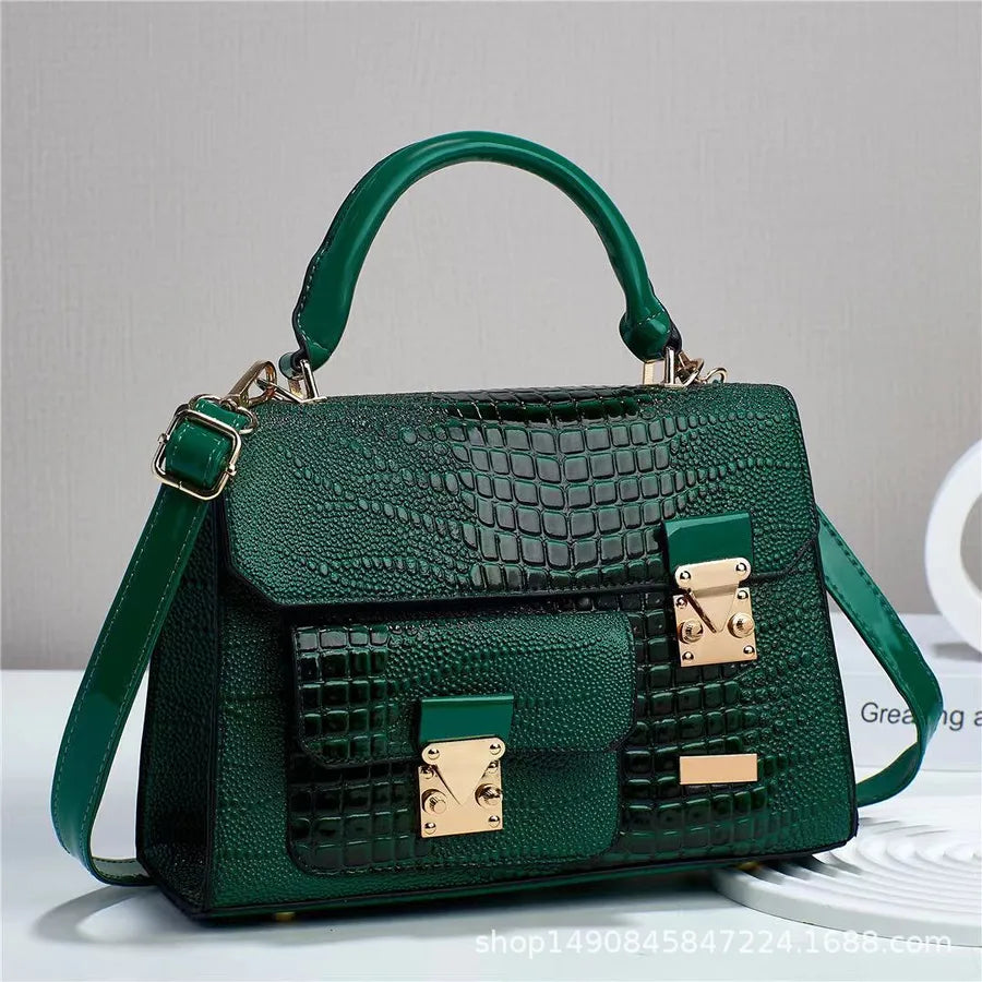 Retro Croc-Pattern PU Shoulder Bag Green