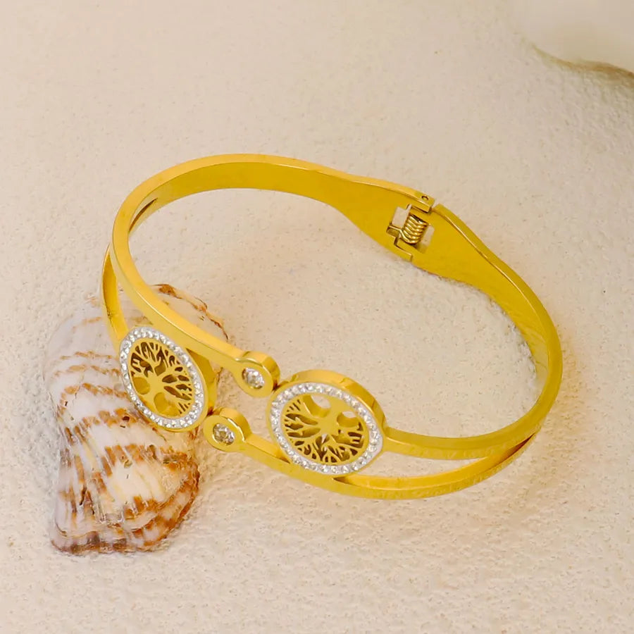 18K Gold Plated Zircon Hollow Stainless Steel Bracelet Average Size Gold Style 20