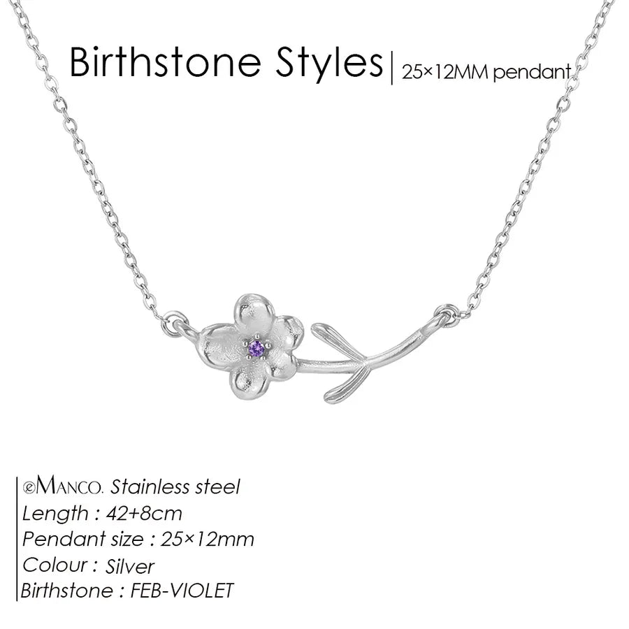 14K Gold Plated Flower Pendant Necklace February Deep Purple Steel Color